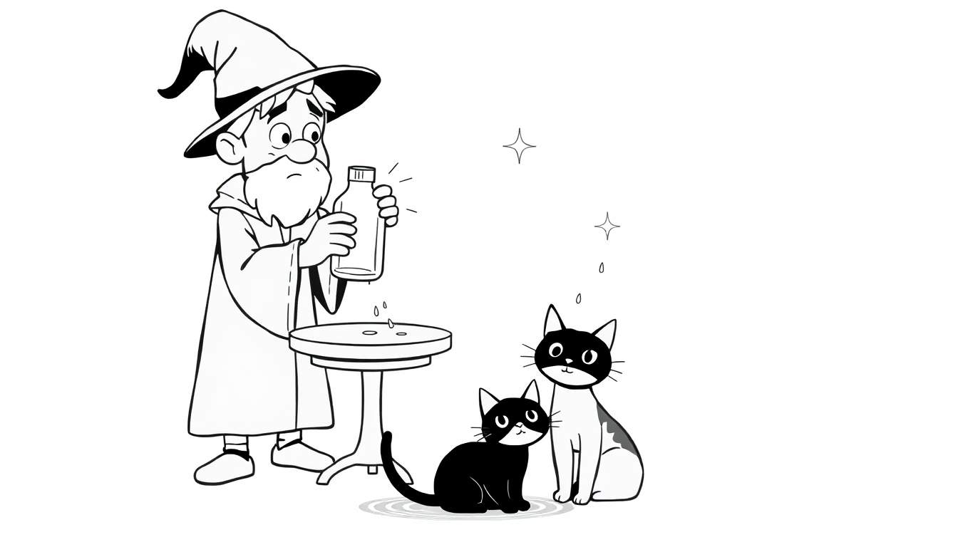 Coloriage d'un magicien à barbe blanche avec un chapeau pointu versant du liquide, entouré de deux chats noirs et d'étoiles dans le ciel.
