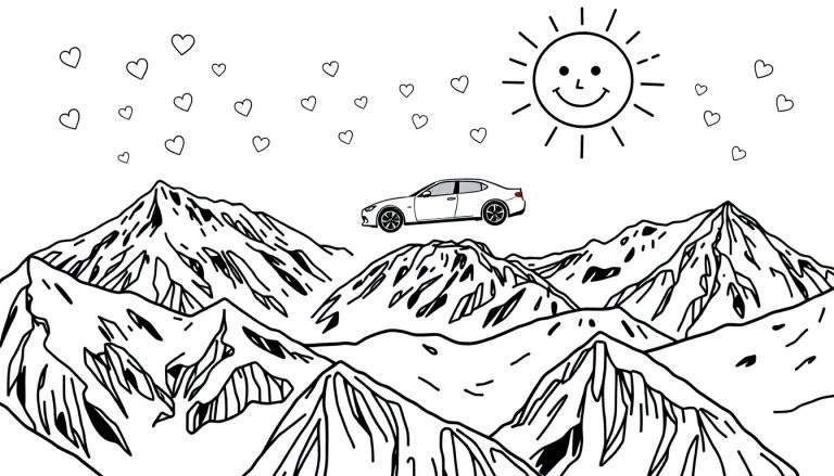 Coloriage de montagnes avec un soleil souriant, une voiture et des cœurs