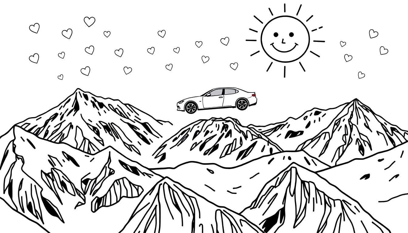Coloriage de montagnes avec un soleil souriant, une voiture et des cœurs