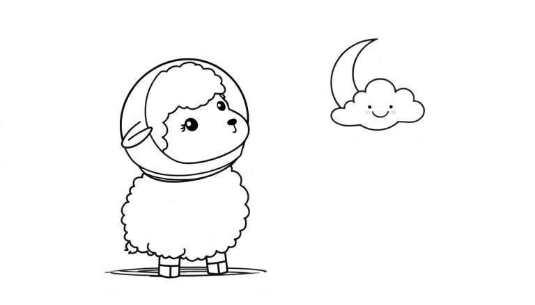 Dessin de coloriage d'un mouton astronaute regardant un nuage souriant et une lune.