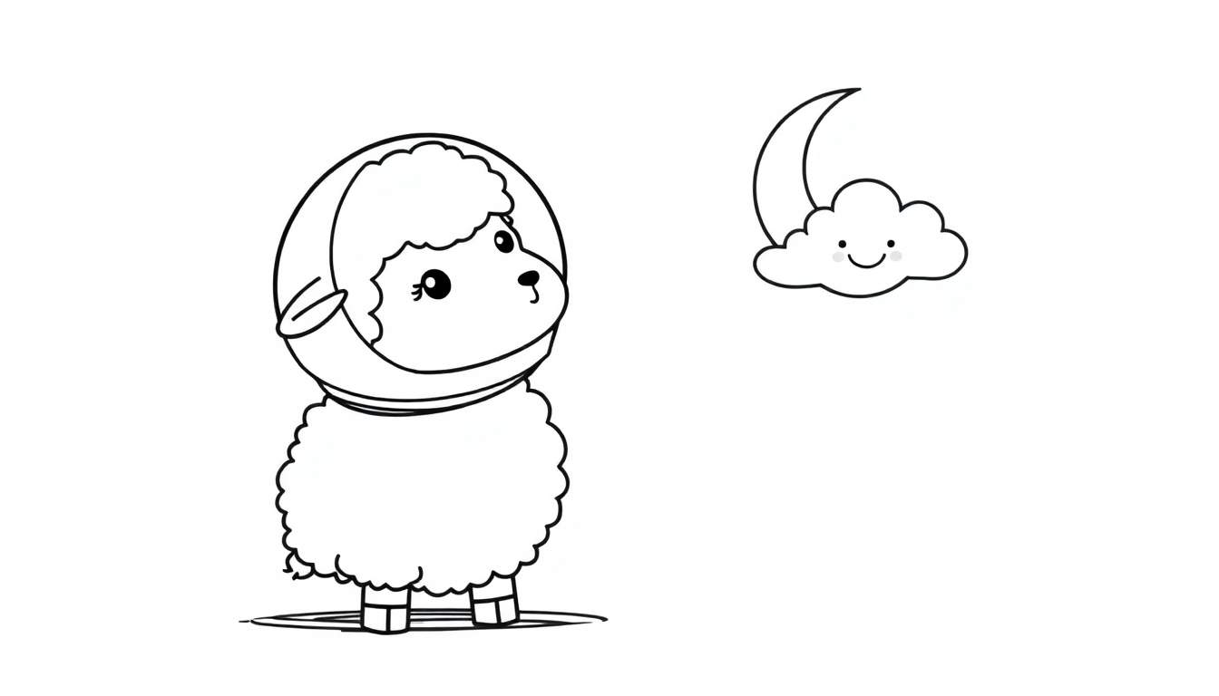 Dessin de coloriage d'un mouton astronaute regardant un nuage souriant et une lune.