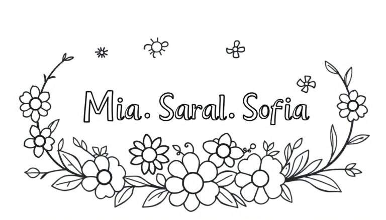 Dessin en noir et blanc de la page de coloriage avec les noms Mia, Saral, Sofia entourés de fleurs et de feuilles.