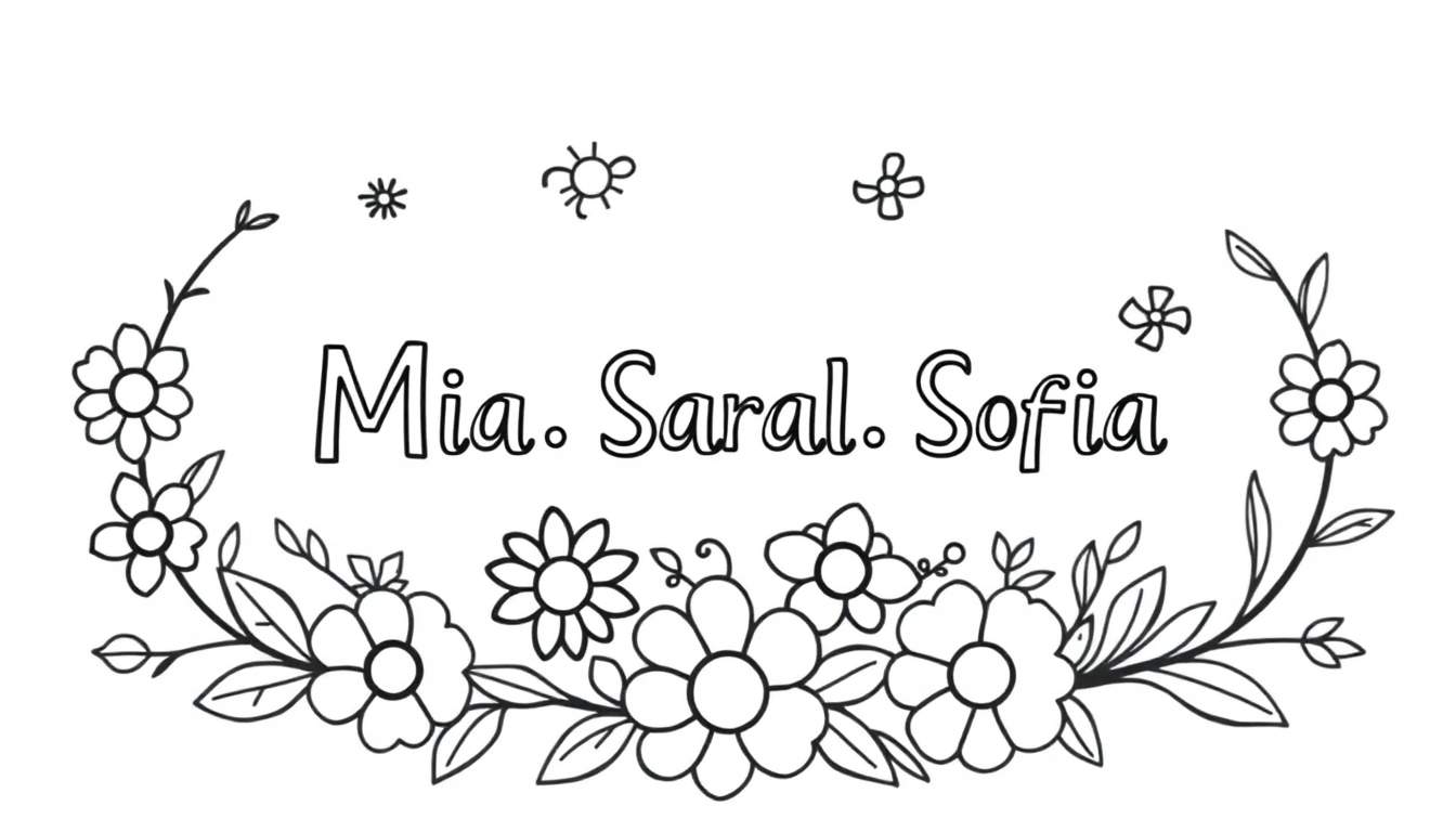 Dessin en noir et blanc de la page de coloriage avec les noms Mia, Saral, Sofia entourés de fleurs et de feuilles.