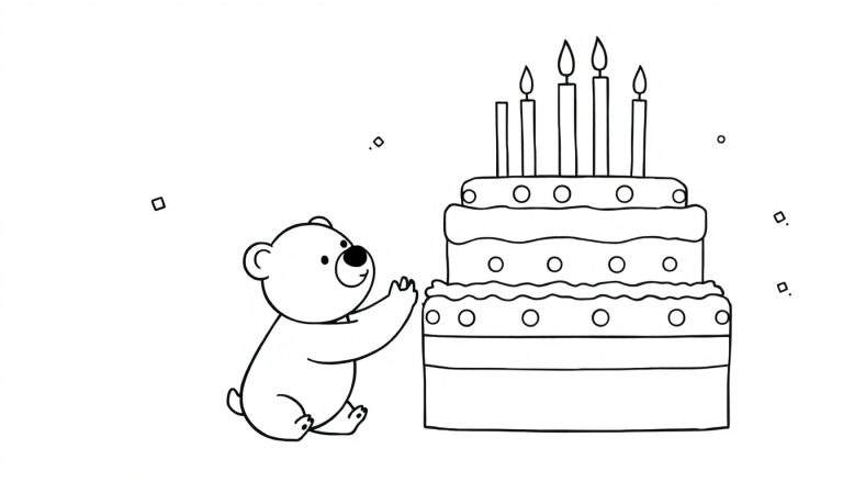 Dessin au trait d'un petit ours assis, levant ses pattes vers un grand gâteau d'anniversaire à quatre étages avec cinq bougies allumées et des confettis flottant autour.