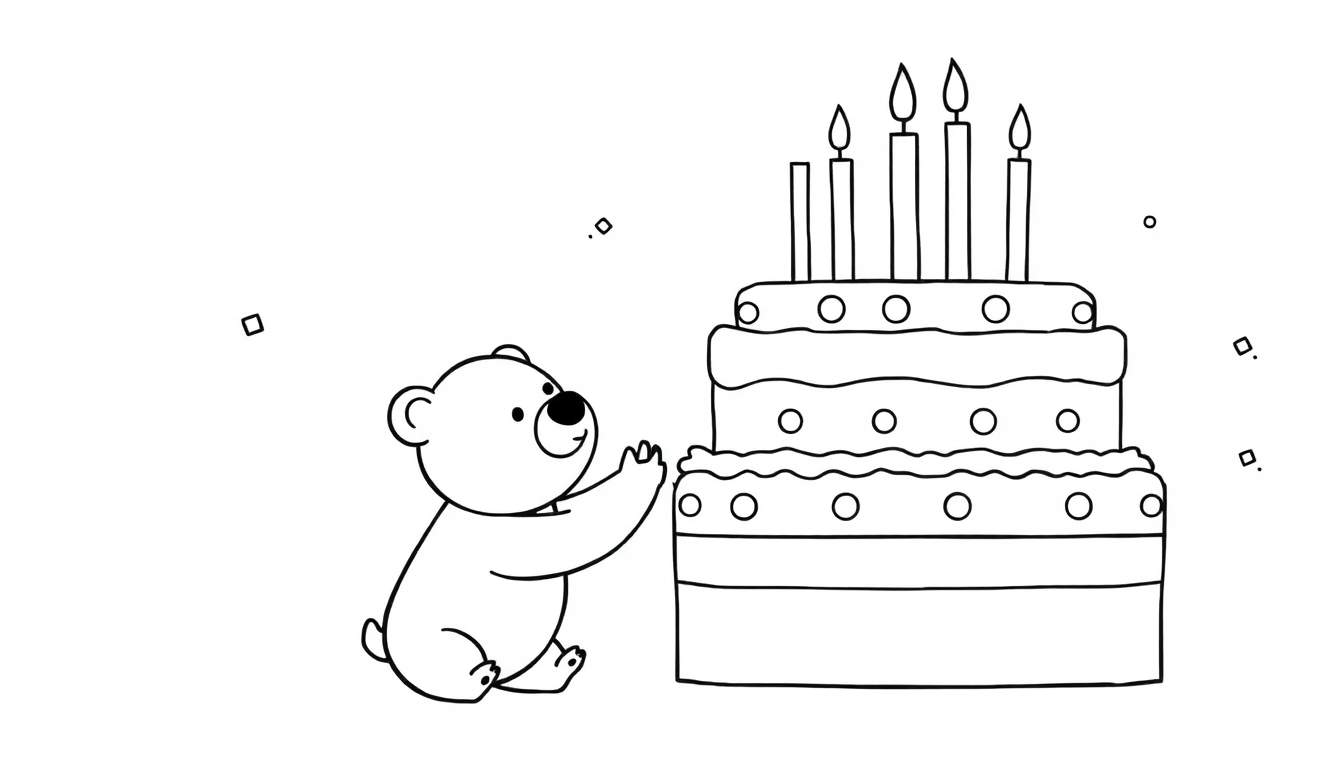 Dessin au trait d'un petit ours assis, levant ses pattes vers un grand gâteau d'anniversaire à quatre étages avec cinq bougies allumées et des confettis flottant autour.