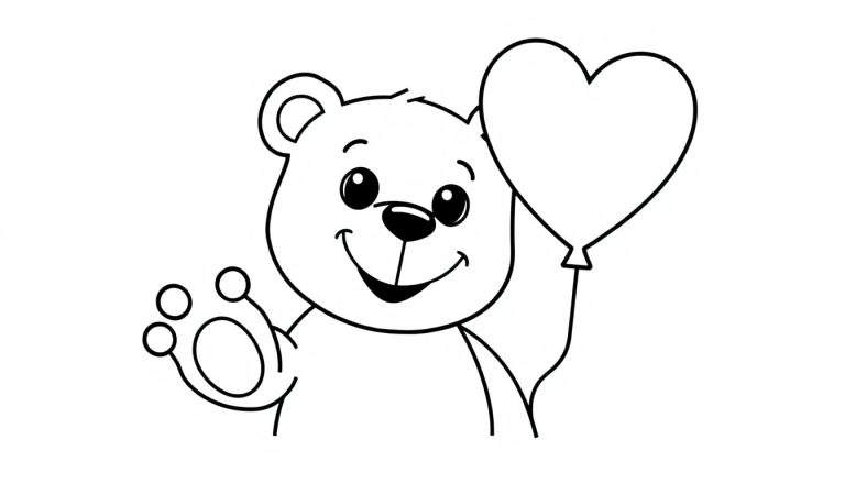 Dessin au trait d'un ours en peluche tenant un ballon en forme de cœur et agitant une patte.