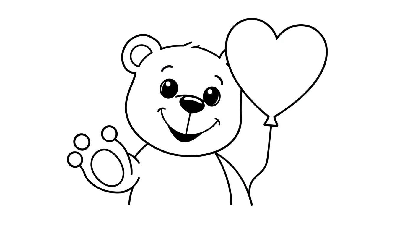 Dessin au trait d'un ours en peluche tenant un ballon en forme de cœur et agitant une patte.
