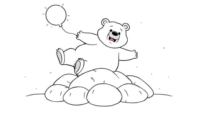 Dessin au trait d'un ours polaire cartoon souriant, assis sur des rochers et tenant un ballon dans sa patte.