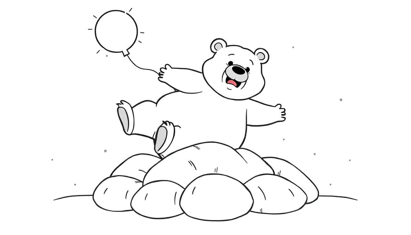 Dessin au trait d'un ours polaire cartoon souriant, assis sur des rochers et tenant un ballon dans sa patte.