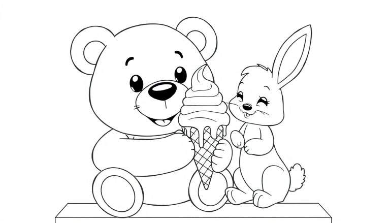 Dessin au trait noir et blanc d'un ourson et d'un lapin partageant une glace à la crème glacée, style cartoon.