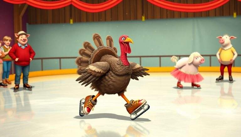 Coliage d'une patinoire avec un dindon patineur au centre, entouré de cochons en tenues de patinage colorées, décorations rouges et mur bleu en arrière-plan.