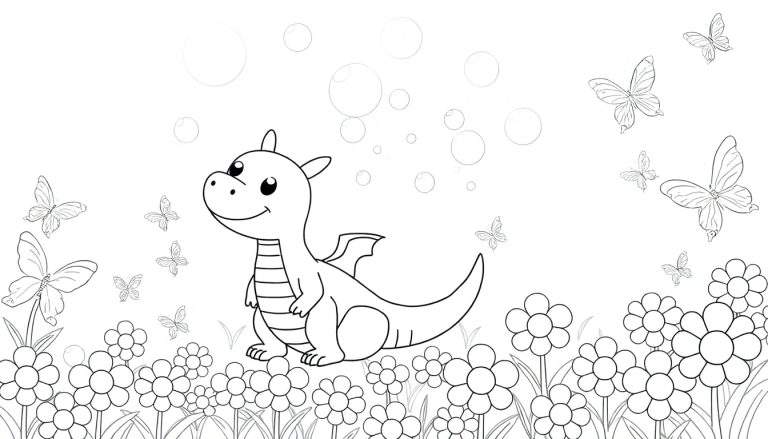 Dessin au trait d'un petit dragon heureux entouré de fleurs, de papillons et de bulles, prêt à être colorié.