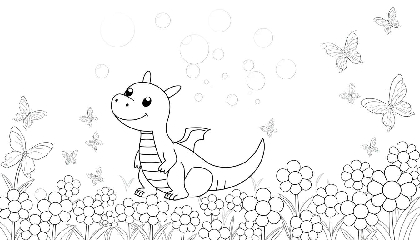 Dessin au trait d'un petit dragon heureux entouré de fleurs, de papillons et de bulles, prêt à être colorié.