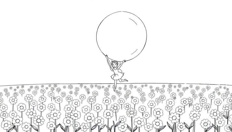 Dessin au trait d'une petite fille souriante dansant avec un gros ballon rond au milieu d'un champ de fleurs simples, arrière-plan blanc.