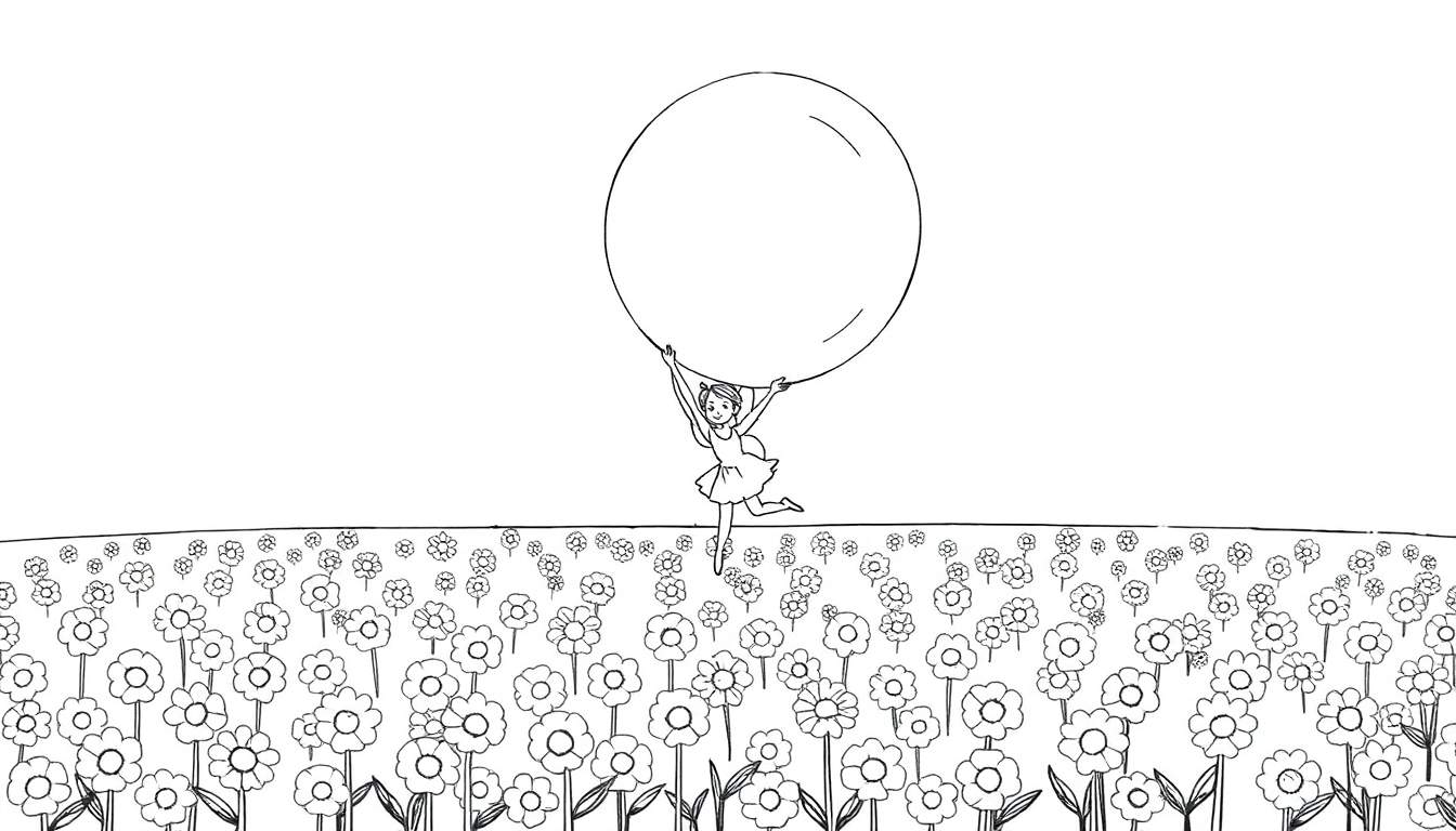 Dessin au trait d'une petite fille souriante dansant avec un gros ballon rond au milieu d'un champ de fleurs simples, arrière-plan blanc.