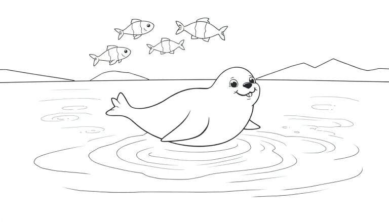 Coloriage d'un phoque souriant dans l'eau avec des poissons nageant dans l'air et des montagnes en arrière-plan.