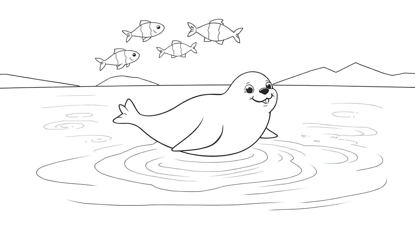 Coloriage d'un phoque souriant dans l'eau avec des poissons nageant dans l'air et des montagnes en arrière-plan.