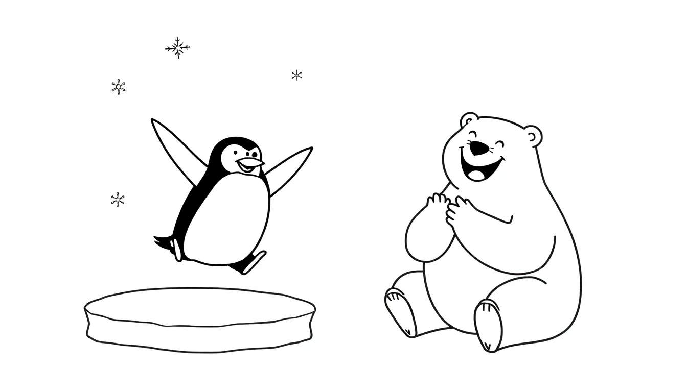 Dessin au trait noir et blanc d'un petit pingouin sautant joyeusement avec les bras en l'air et un grand ours polaire assis riant aux éclats, avec des flocons de neige dans le ciel.