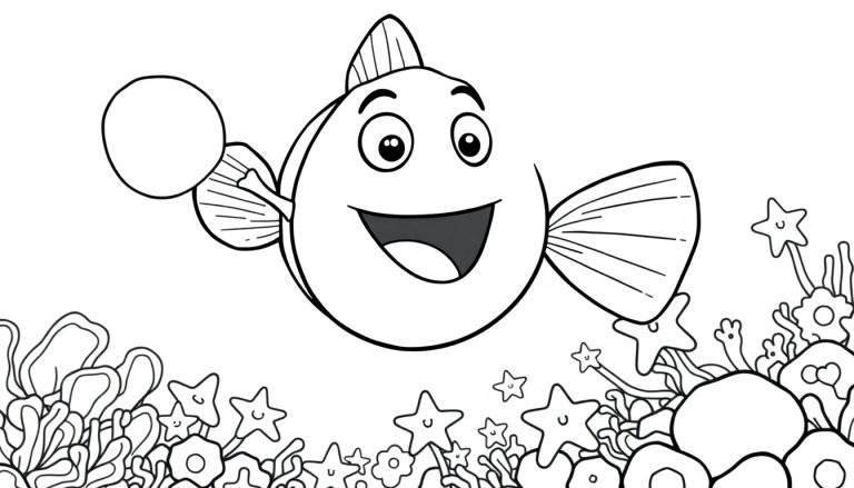 Coloriage d'un poisson souriant dans un monde sous-marin coloré avec des étoiles de mer.