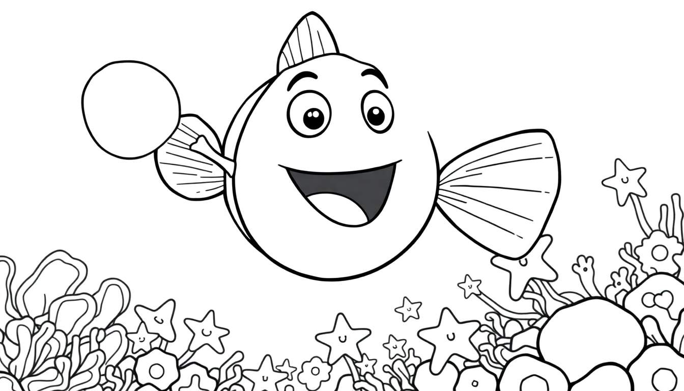 Coloriage d'un poisson souriant dans un monde sous-marin coloré avec des étoiles de mer.
