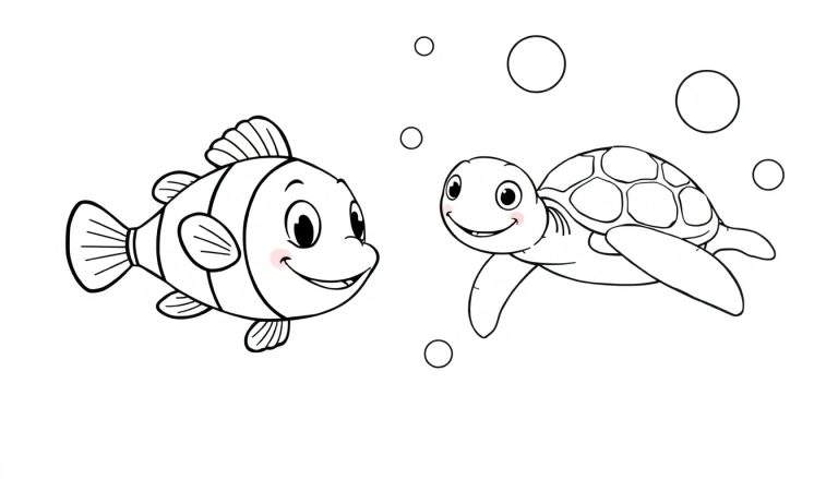 Dessin au trait d'un poisson clown amical et d'une tortue joyeuse dans un environnement aquatique avec des bulles, prêt à être colorié.