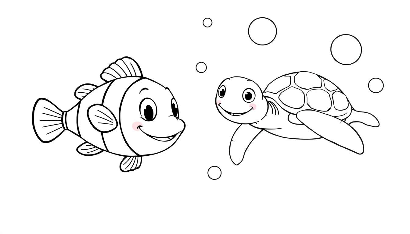 Dessin au trait d'un poisson clown amical et d'une tortue joyeuse dans un environnement aquatique avec des bulles, prêt à être colorié.