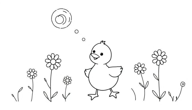 Dessin au trait d'un poussin souriant marchant dans un champ de fleurs avec des bulles de pensée et un soleil.