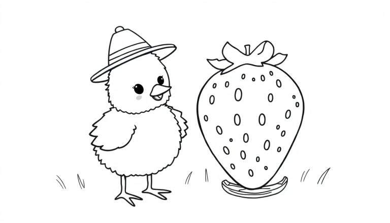 Coloriage d'un poussin avec un chapeau à côté d'une grande fraise et de l'herbe.