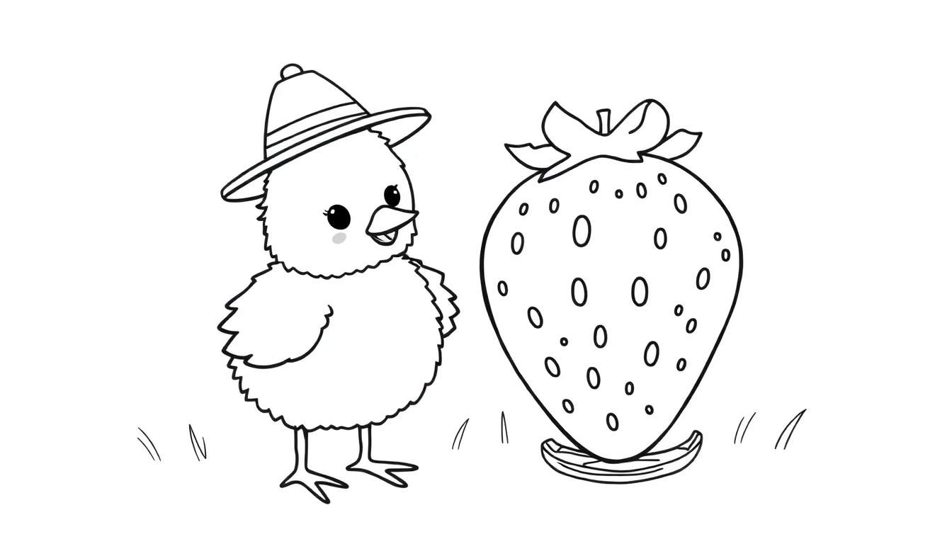 Coloriage d'un poussin avec un chapeau à côté d'une grande fraise et de l'herbe.