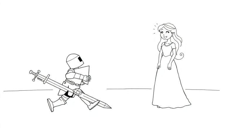 Dessin au trait d'une princesse souriante et d'un chevalier en armure courant