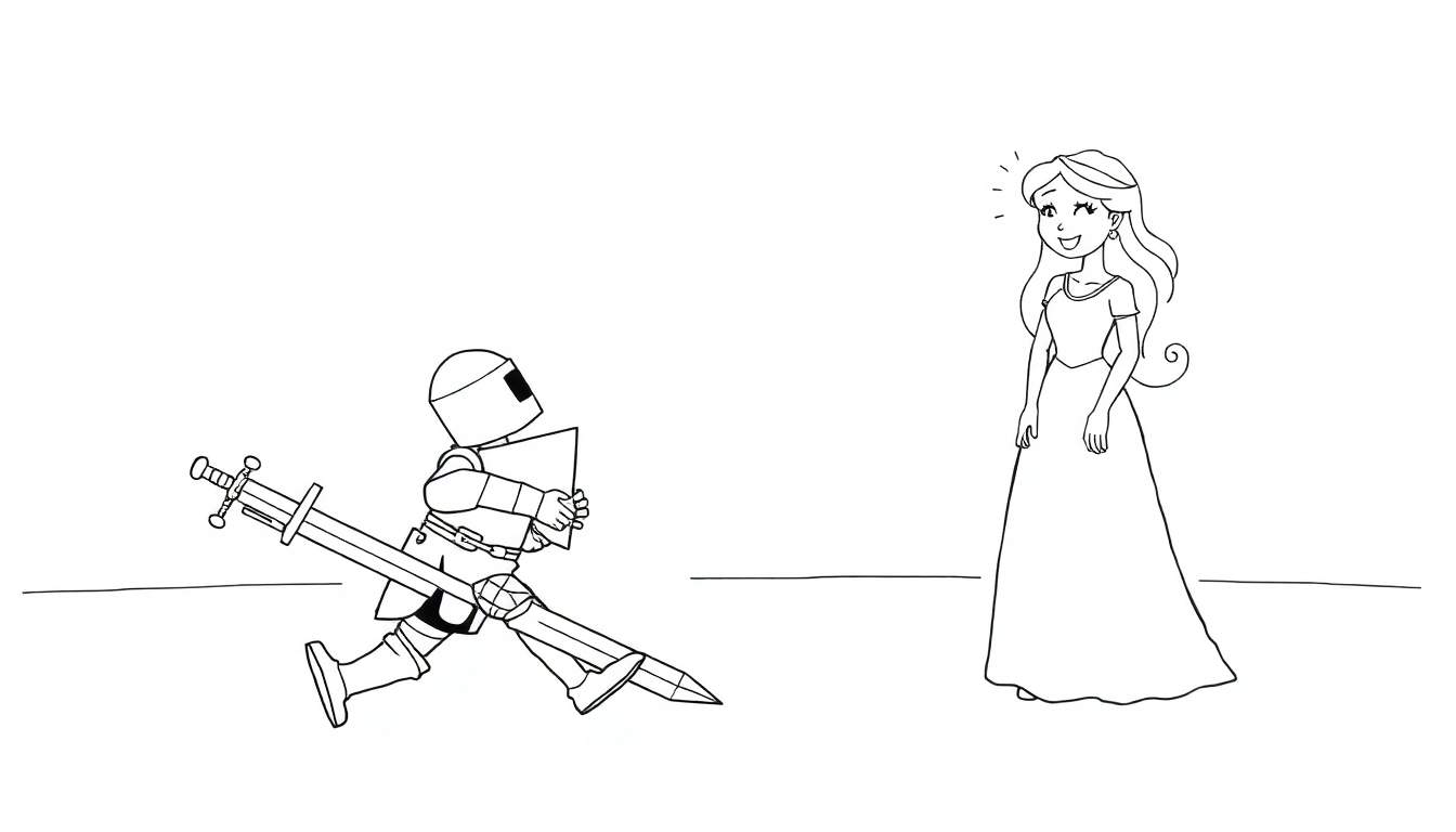 Dessin au trait d'une princesse souriante et d'un chevalier en armure courant