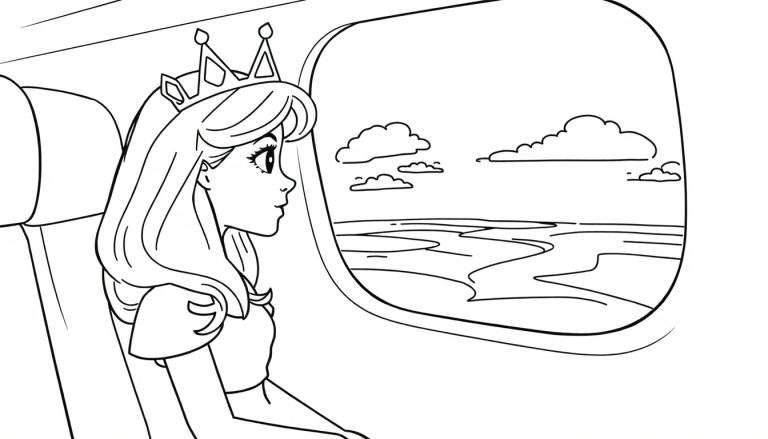 Coloriage d'une princesse assise près d'une fenêtre, regardant un paysage.