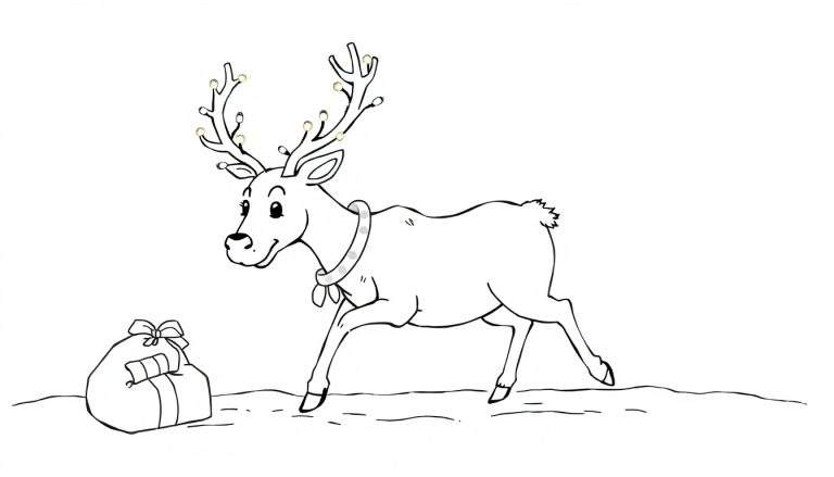 Dessin au trait d'un renne de dessin animé portant des lumières de Noël sur ses bois, un collier décoré et un foulard, avec un cadeau emballé à côté. Dessin en noir et blanc sur fond blanc pour coloriage.