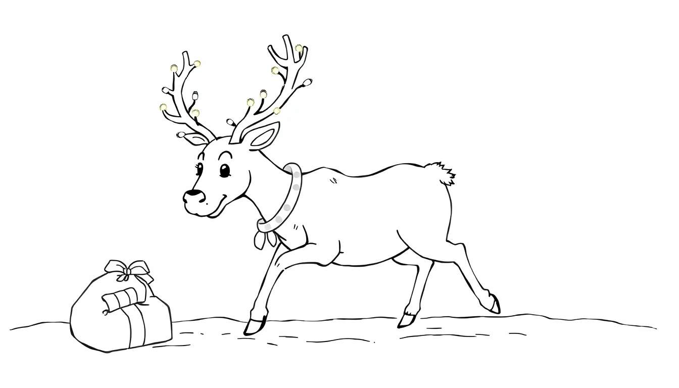 Dessin au trait d'un renne de dessin animé portant des lumières de Noël sur ses bois, un collier décoré et un foulard, avec un cadeau emballé à côté. Dessin en noir et blanc sur fond blanc pour coloriage.
