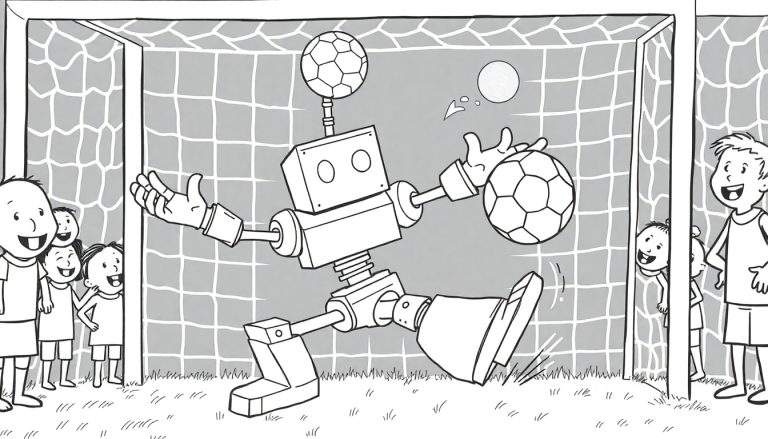 Dessin au trait d'un robot gardien de but jouant au football avec des enfants sur un terrain.