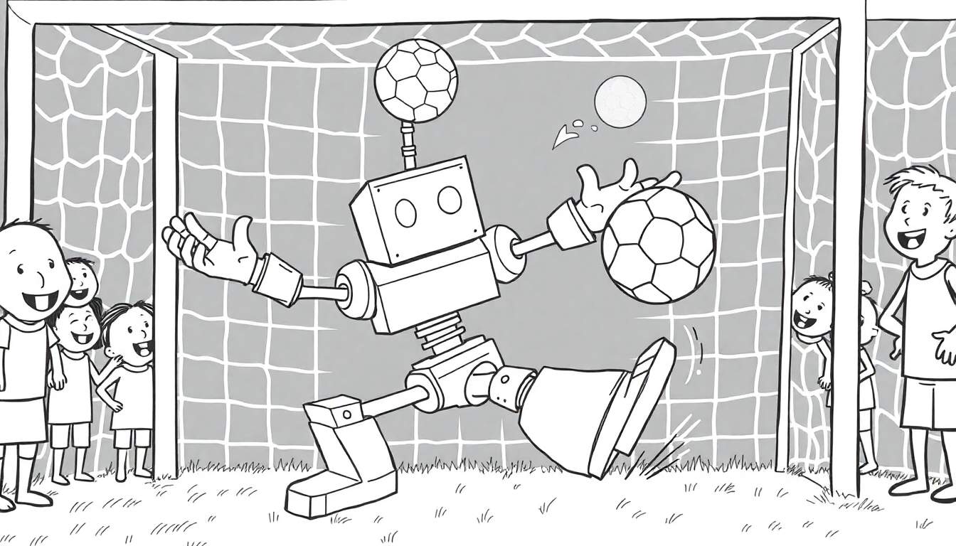Dessin au trait d'un robot gardien de but jouant au football avec des enfants sur un terrain.