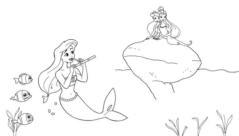 Coloriage d'une sirène jouant de la flûte avec des poissons et des plantes aquatiques, deux princesses sur un rocher en arrière-plan.