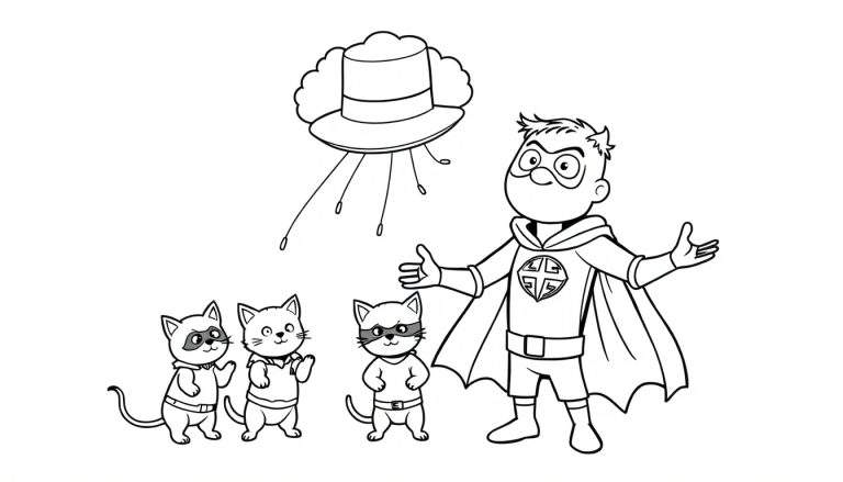 Dessin à colorier d'un super-héros avec une cape et un symbole sur la poitrine, entouré de trois chats dont un masqué, et d'un chapeau flottant dans le ciel.