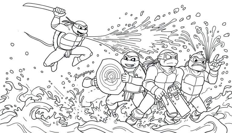 Coloriage de quatre Tortues Ninja combattant dans l'eau, avec une tortue lançant de l'eau, une autre tenant un bouclier, une troisième avec un pistolet à eau et la quatrième faisant un signe de victoire.