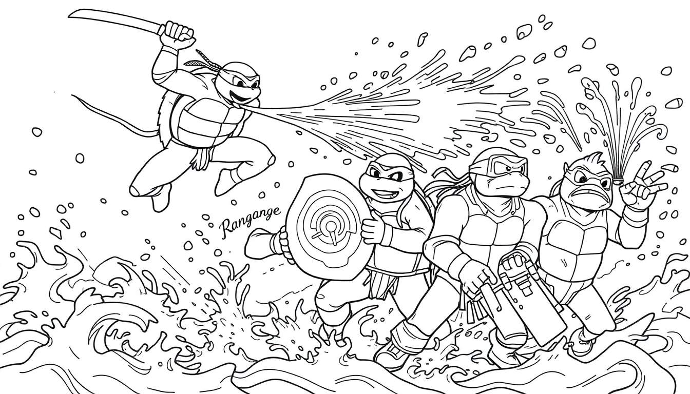 Coloriage de quatre Tortues Ninja combattant dans l'eau, avec une tortue lançant de l'eau, une autre tenant un bouclier, une troisième avec un pistolet à eau et la quatrième faisant un signe de victoire.