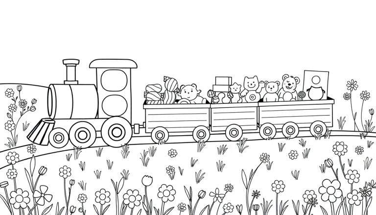 Dessin au trait en noir et blanc d'un train de jouets coloré traversant un champ de fleurs joyeuses.