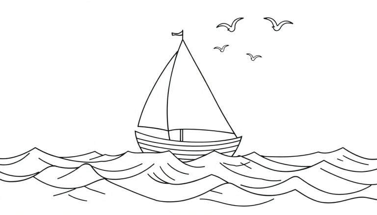 Coloriage d'un voilier en pleine mer avec des vagues et des mouettes.