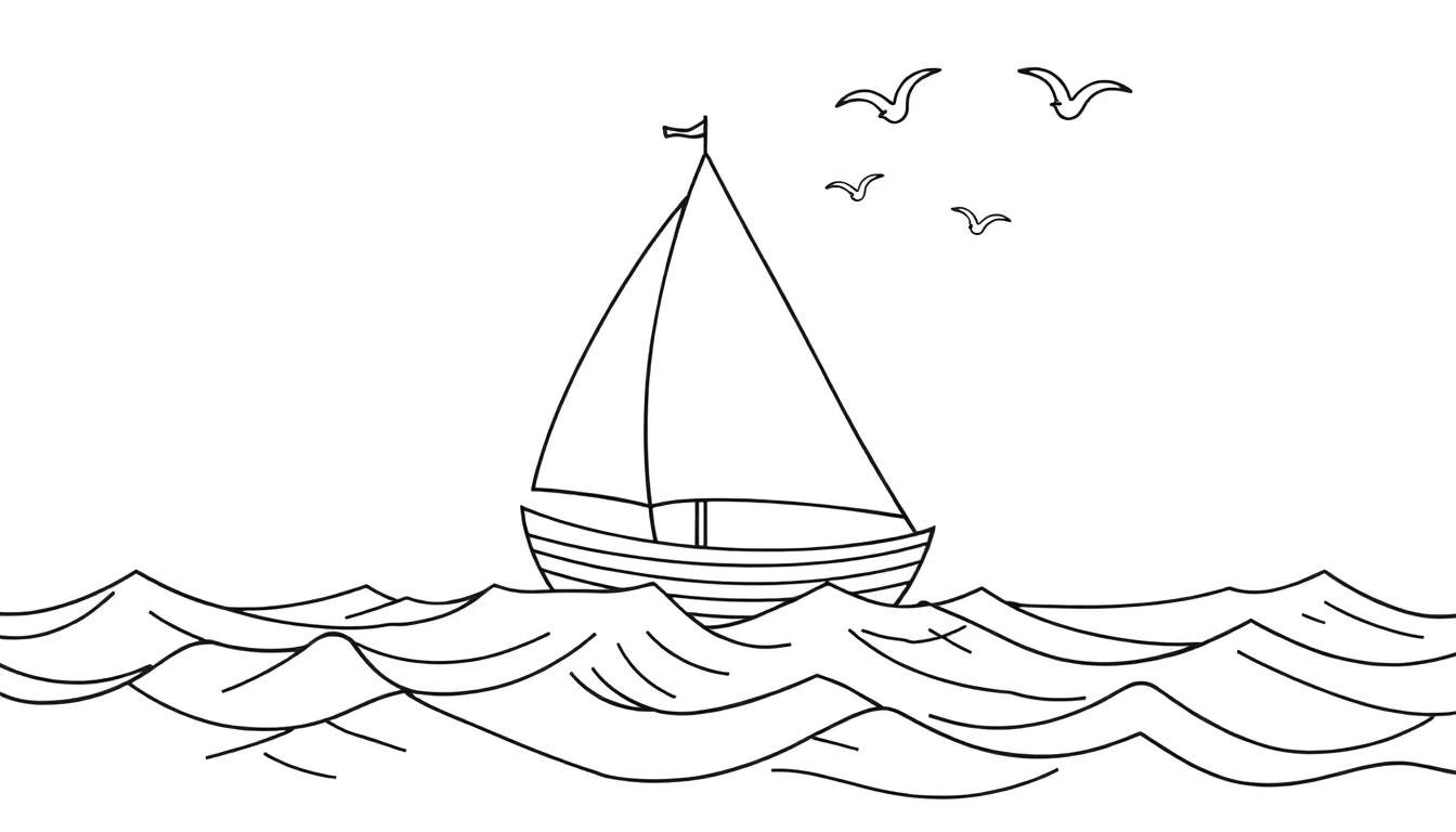 Coloriage d'un voilier en pleine mer avec des vagues et des mouettes.
