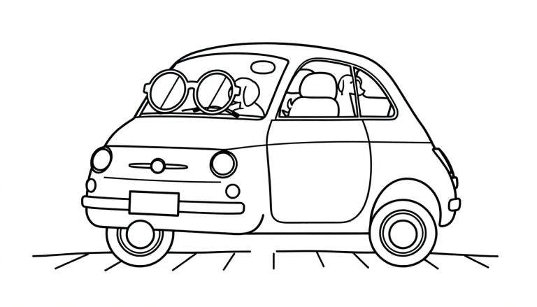 Dessin au trait noir et blanc d'une voiture rétro, type Fiat 500, avec de grosses lunettes sur le pare-brise. Quatre chiens sont à l'intérieur de la voiture, un au volant.