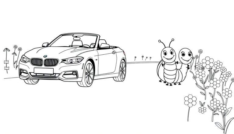 Coloriage d'une voiture de sport décapotable, d'une chenille souriante et de fleurs.