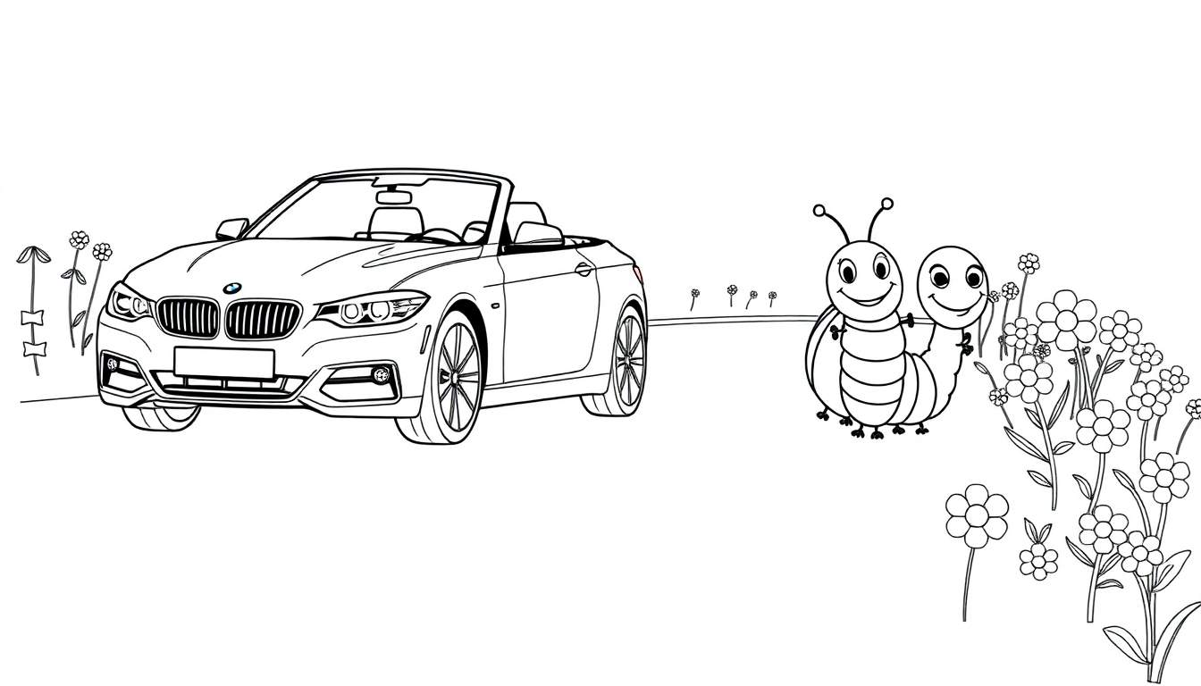 Coloriage d'une voiture de sport décapotable, d'une chenille souriante et de fleurs.