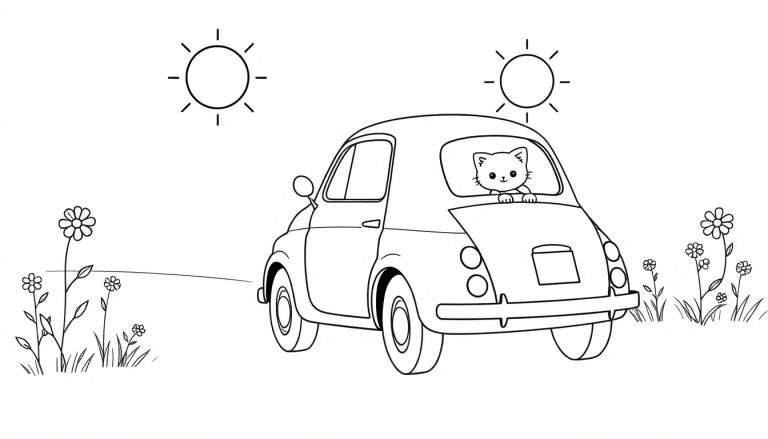 Page de coloriage avec une voiture rétro, un chaton, des soleils, de l'herbe et des fleurs.