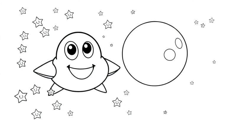 Coloriage d'une créature amicale avec des étoiles et une lune.