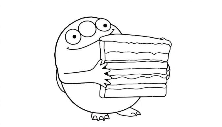 Dessin au trait noir et blanc d'une créature à trois yeux avec deux mains tenant une pile de pancakes.