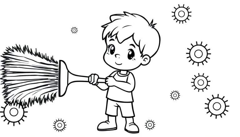 Dessin au trait d'un jeune garçon souriant tenant un plumeau, entouré d'icônes de cellules ou de germes stylisés.